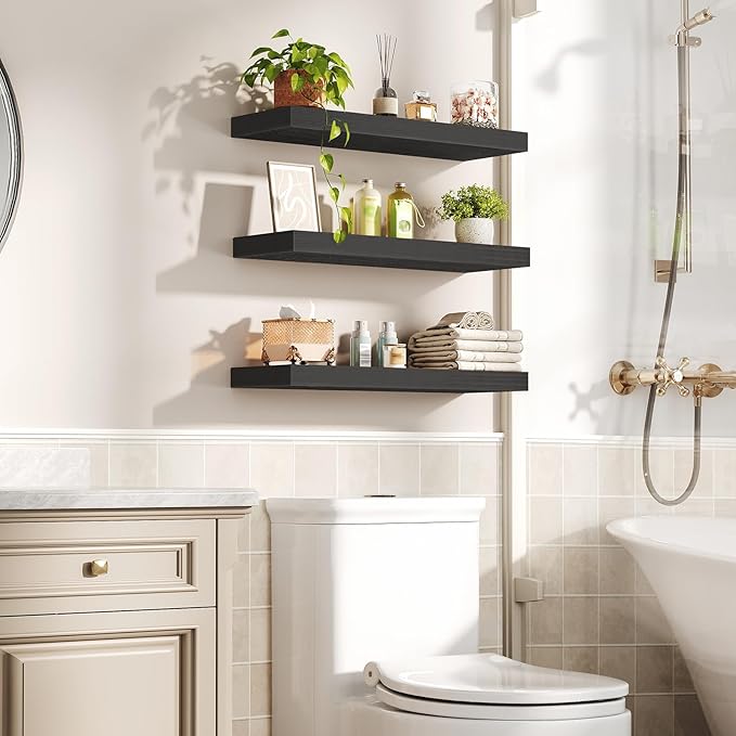 RALGEND Floating Shelves for Wall, 1.5" Thick Wall Shelf Set of 3 with Invisible Brackets, 23.6L x 7.9W Hanging Book Shelves Farmhouse Home Decor for Bathroom, Living Room, Bedroom, Black 6301BJP3BK
