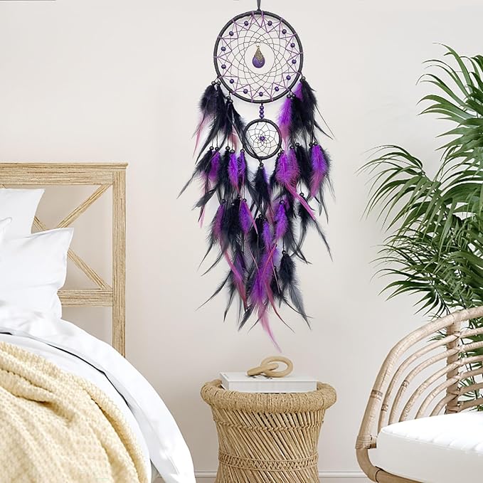 Black and Purple Dream Catcher Wall Decor Feather Dream Catchers with Pendant Handmade Dreamcatcher Wall Hanging Ornament for Bedroom Living Room Home Decor