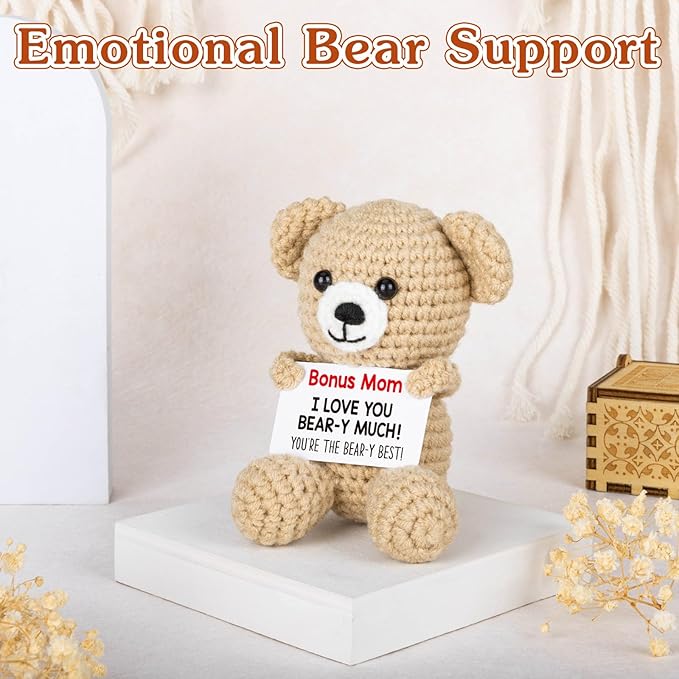 WELLBANEE Mother Gift Bonus Mom, Handmade Crochet Bear for Sentimental Mothers Day Birthday Present for Stepmom, Appreciation Keepsake for The Best Bonus Mom Ever, Small Desk or Shelf Décor Bear