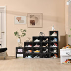 8 Pack Shoe Boxes Black Plastic Stackable, Large Shoe Storage Organizer,Drop Side Front Shoe Containers for Entryway,Sneaker Storage Fit up to US Size 13 for Men/Women(13’’x 10.6”x 8.3”)