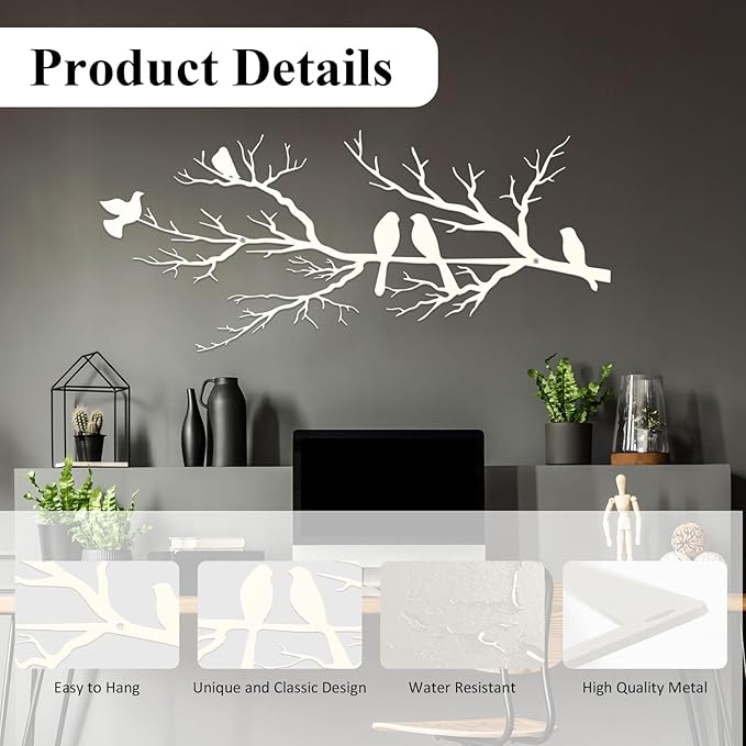 ESTART Metal Birds Wall Art, Metal Vivid Birds on Branch Silhouette Wall Decor White Leaves with Bird Outdoor Hanging Wall Sculpture for Home Living room Bedroom Balcony Garden (White, Small)