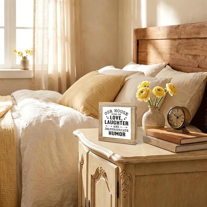 Funny Home Sign, Wood Box Sign, Our House Runs On Love Laughter And Inappropriate Humor, Inspirational Wood Box Desktop Decoration, Funny Farmhouse Home Office Living Room Deocration