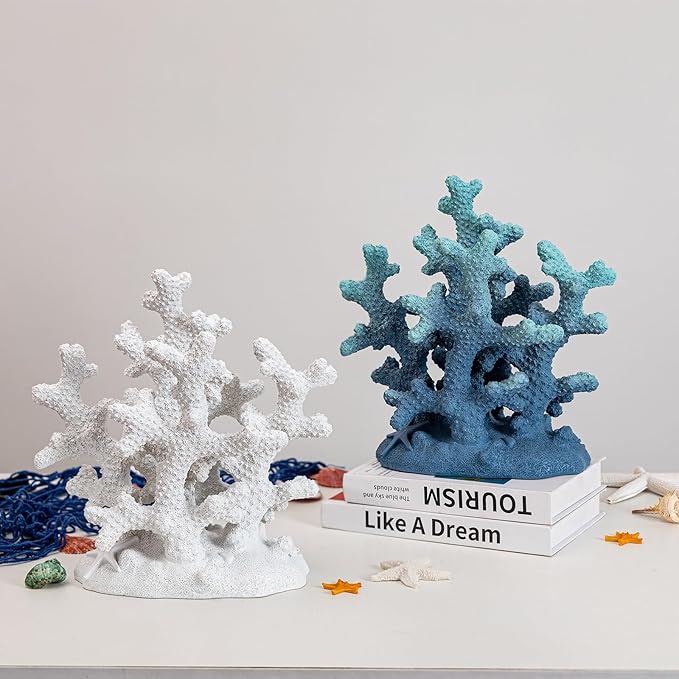 7.1" H White Coral Decor, Resin Statue, Nautical Decorations for Home, Bedroom, Bathroom, Living Room, Beach/Coastal/Ocean Themed Cabinet Shelf Tabletop Decor