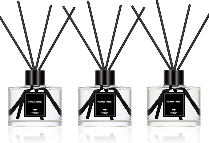 Reed Diffuser Set of 3 for Bathroom Air Fresheners, Oil Diffuser Sticks | Fresh Linen, Ocean, Eucalyptus & Mint Scent(1.7 fl oz Each Pack) Fragrance with 12 Sticks Defusers | Shelf Decor