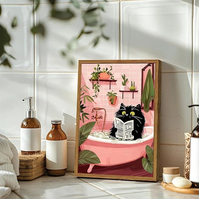 Framed Funny Bathroom Black Cat Canvas Wall Art Set of 2, Cute Cat Reading Newspaper on Toilet Pictures Wall Decor, Humor Animal in Bathtub Paintings Prints for Restroom 12x16 inch