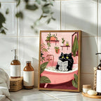 Framed Funny Bathroom Black Cat Canvas Wall Art Set of 2, Cute Cat Reading Newspaper on Toilet Pictures Wall Decor, Humor Animal in Bathtub Paintings Prints for Restroom 12x16 inch