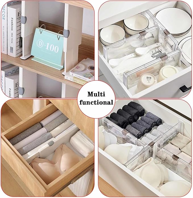 4 Pack Drawer Dividers for Clothes, 3.94" High 14.94"-21.26" Adjustable Expandable Dresser Drawer Organizer, Clear Plastic Separators for Dresser, Baby Clothing, Underwear, Cosmetic