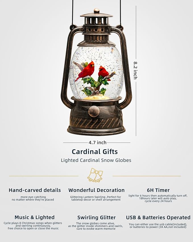 Christmas Snow Globes Cardinal Gifts,Christmas Decorations Cardinal Snow Globe, Musical Lantern Light Up 6H Time Glitter Globe Cardinal Red Bird Memorial Gift for Women