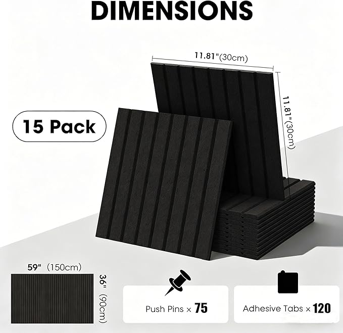 Large Cork Board for Walls 59" x 36",15 Pack 12"X12"Felt Bulletin Board Tiles with 120 Adhesive Tabs,Cork Board Alternative for Office Decor, Push Pin Board Wall Organizer- Black