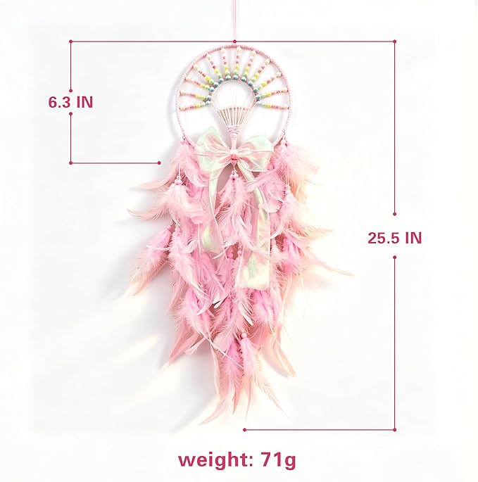 Dream Catcher Wall Hanging for Girls Bedroom Decoration,Pink Dream Catchers for Kids Room Decor Art Craft Gift, Handmade Feather Wall Decor Hanging Ornament(Pink)