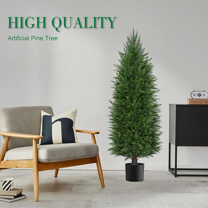 5FT Artificial Topiary Cedar Plants Outdoor, Faux Pine Trees UV Resistant and Potted, 72 Inch Tall Fake Shrubs Evergreen for Front Porch Decor Set of 2