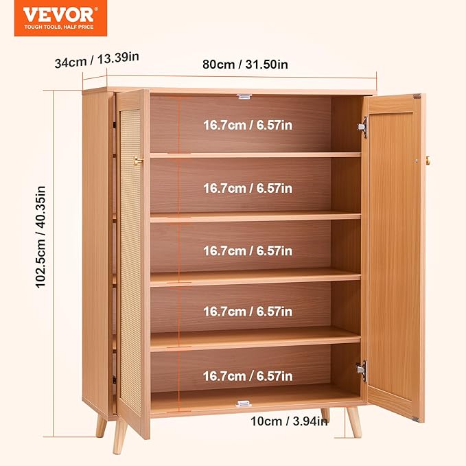 VEVOR Rattan Shoe Cabinet, 5 Tiers Shoe Storage Organizer with 2 Doors and Adjustable Shelves, 40.35" Tall Rattan Shoe Storage Entryway Cabinet Ideal for Entryway, Closet, Hallway, Light Wood Color