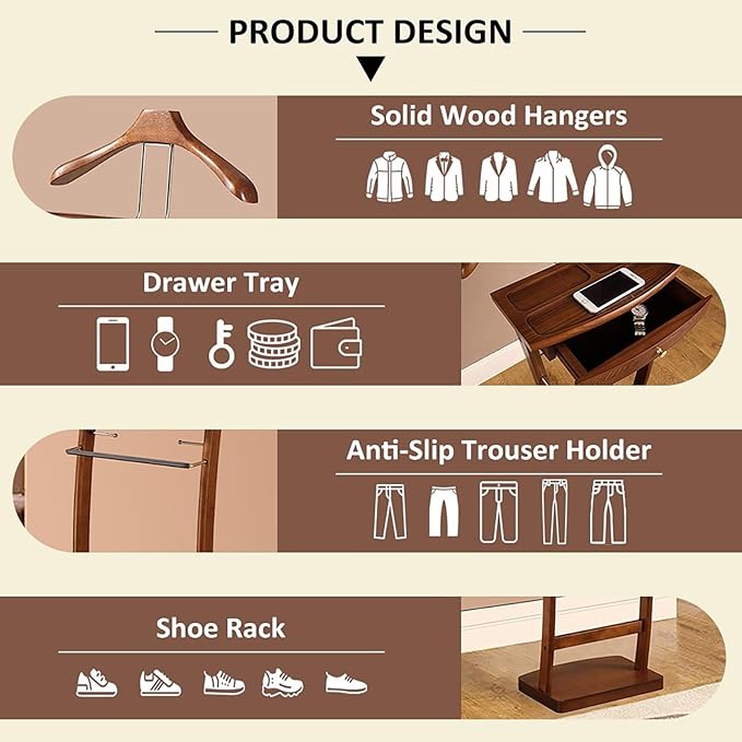 Valet Stand Wooden with Drawer, Valet Rack with Tray, Men and Women Freestanding Clothes Valet Stand, for Living Room Office Dressing Room, 44.4X30X112.2 CM (Walnut)