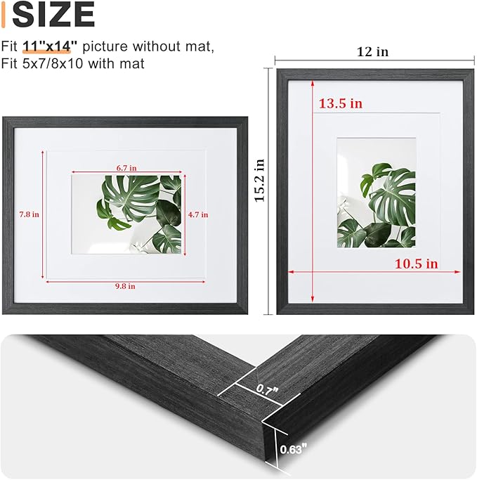 Egofine 11x14 Picture Frames Set of 4, Made of Solid Wood Covered by Plexiglass 5x7 and 8x10 with Mat or 11x14 without Mat, for Table Top Display and Wall Mounting Photo Frame Rustic Black