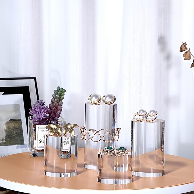 Hipiwe 4-Pack Acrylic Display Risers Figures Display Stand Holder Clear Cylinder Tabletop Jewelry Perfume Showcase Organizer for Geodes Rock Small Collectibles Display Blocks