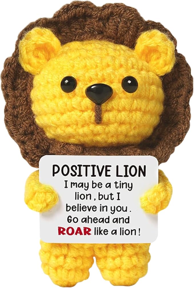 4 inch Positive Lion Handmade Knitted Wool Doll with Positive Card for Cheer Up Emotional Support Encouragement Friends