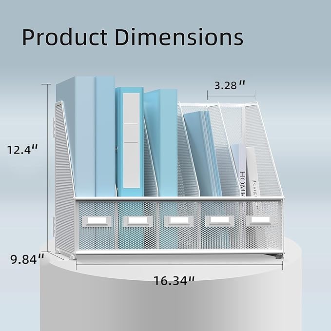 SUPEASY Desk Organizers Metal Desk Magazine File Holder with 5 Vertical Compartments Rack File Organizer for Office Desktop, Classroom, Home Workspace, White
