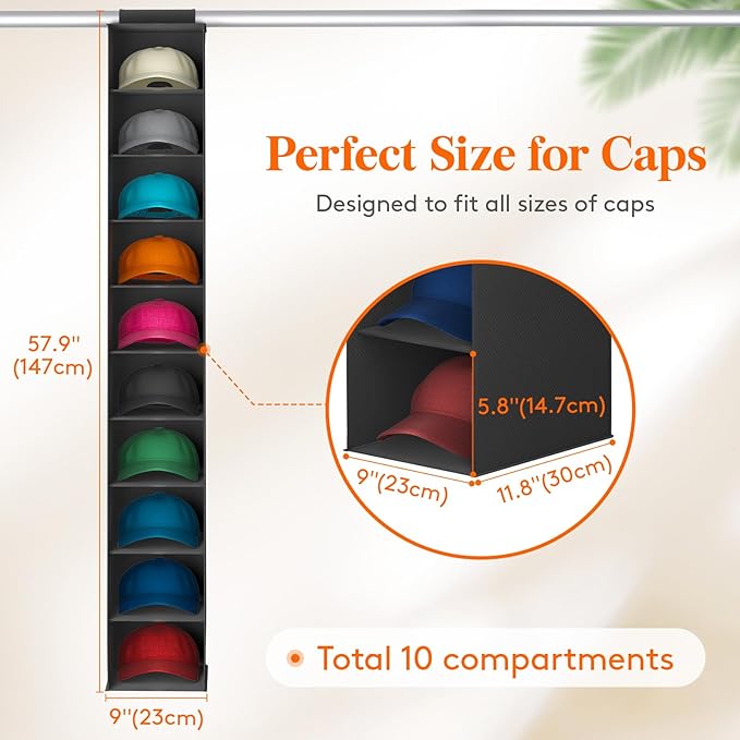 Lifewit Hat Organizer for Baseball Caps, Hat Rack Hanging Storage, Non-Woven Fabric Display Shelf Holds Up to 40 Hats, Cap Holder Hanger for Closet, Bedroom, 10 Compartments, Black, 1 Pack