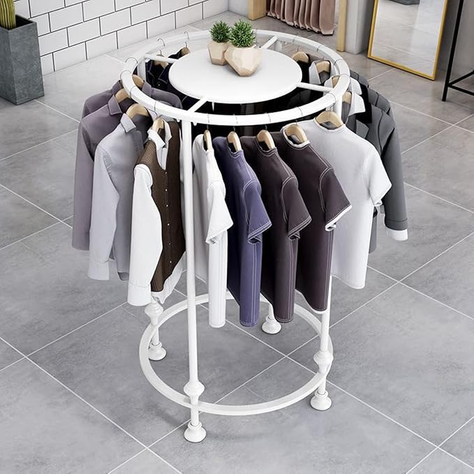 Round Garment Rack, Floor Standing Iron clothes Hanging Rack with Topper, Suitable for Large Shopping Malls Retail, Clothes Boutique Display Laundry Rooms Multi-Purpose Hanging (WHITE)