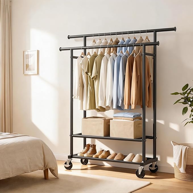 Double Rods Clothes Rack, Rolling Clothing Rack for Hanging Clothes Closet Rack with Wheels, Metal Portable Garment Rack with Double Shelves for Bedroom Laundry Living Room, Black