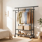 Double Rods Clothes Rack, Rolling Clothing Rack for Hanging Clothes Closet Rack with Wheels, Metal Portable Garment Rack with Double Shelves for Bedroom Laundry Living Room, Black
