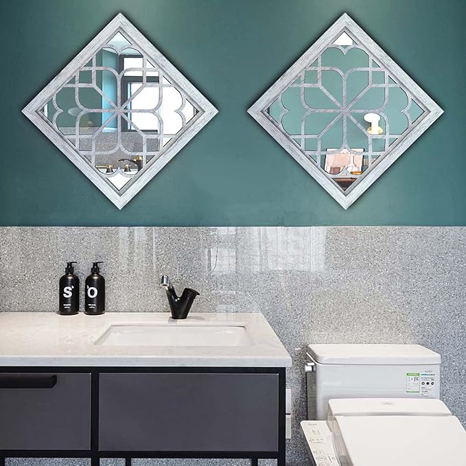 Wocred 2 PCS Square Wall Mirror,Gorgeous Rustic Farmhouse Accent,Rustic White Color Entry for Bathroom Renovation,Bedrooms,Living Rooms and More(12”x12”)