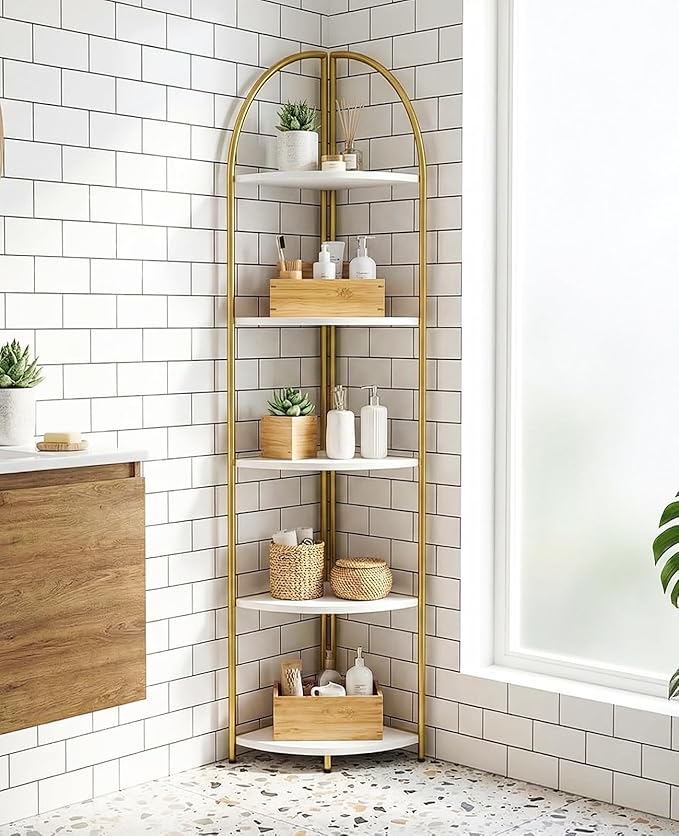 5 Tier Corner Shelf, Luxury Gold Corner Plant Stand with White Wood Shelves,Modern Metal Corner Bookshelf Display Rack,Premium Corner Storage Shelving Unit for Living Room,Bedroom,Bathroom