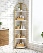 5 Tier Corner Shelf, Luxury Gold Corner Plant Stand with White Wood Shelves,Modern Metal Corner Bookshelf Display Rack,Premium Corner Storage Shelving Unit for Living Room,Bedroom,Bathroom