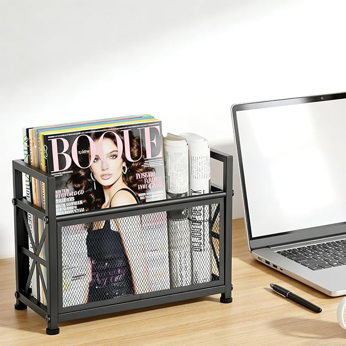 Magazine Rack Floor, Black Magazine Holder, Magazine Storage Basket, File Holder Organizer Stand, Metal Storage Shelf Box Bin Folder Organizer for Magazines, Books, Newspapers
