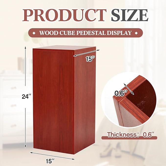 RattanView Wooden Cube Display Pedestal Stand, 15 x 15 x 24 Inch Sculpture Pedestal Stand, Display Riser Column Pillar Easy Assembly Required for Gallery Store Home Wedding Party Event Decor