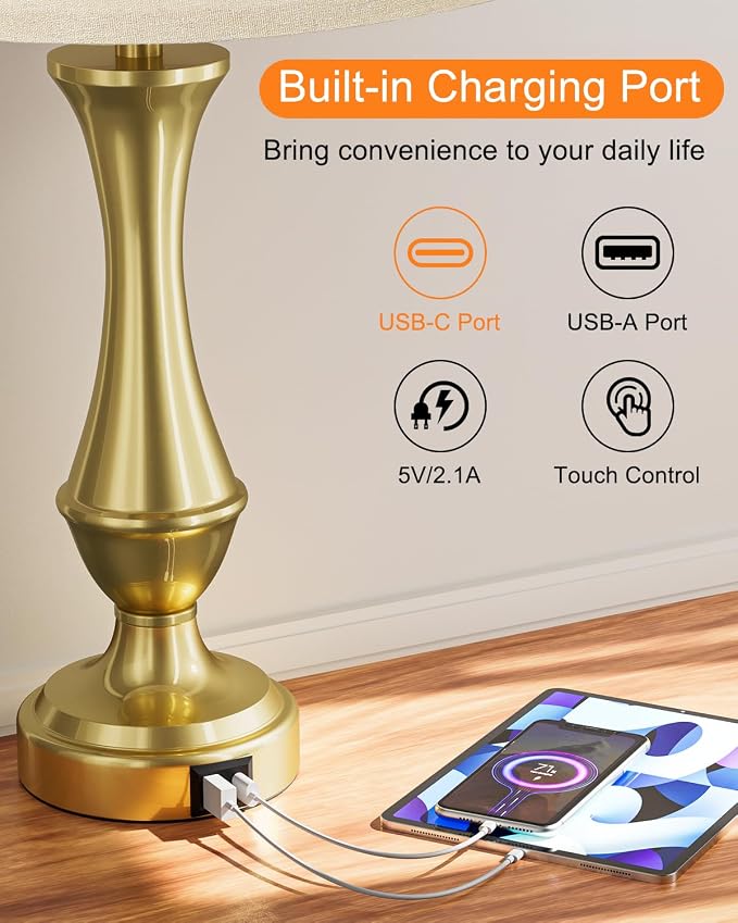 Seealle Upgraded Touch Lamps for Night Stands Set of 2 - Bedside Lamps with USB C+A, 3 Way Dimmable for Bedroom Living Room End Tables Office (Gold)