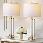 QiMH Lamps for Bedrooms Set of 2, Touch Control Table Lamps with USB A+C Ports, 3-Way Dimmable Bedside Lamp with Fabric Lampshade, Modern Nightstand Lamp for Living Room Bedroom (LED Bulbs Included)