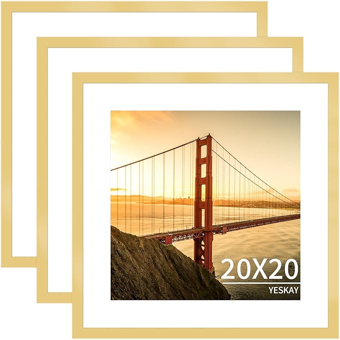 20x20 Picture Frame 3 Pack - Gold Poster Frame Display Pictures 16x16 with Mat or 20 x 20 Without Mat for Wall Hanging Horizontal and Vertical