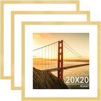 20x20 Picture Frame 3 Pack - Gold Poster Frame Display Pictures 16x16 with Mat or 20 x 20 Without Mat for Wall Hanging Horizontal and Vertical