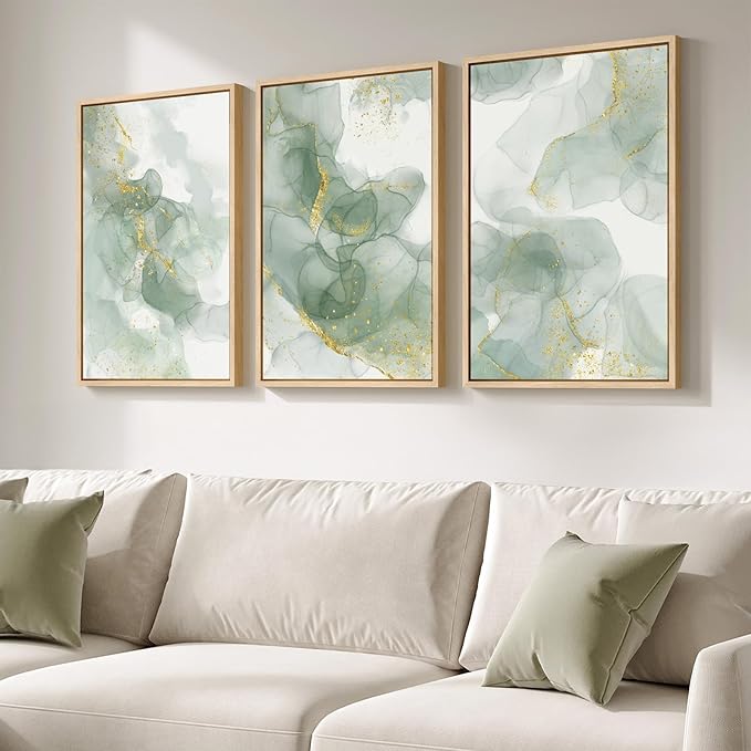 Large Framed Sage Green Abstract Wall Art, 3 Piece Modern Canvas Prints Paintings Artwork for Walls, Minimalist Green and Gold Abstract Pictures for Living Room Bedroom Dining Room Wall Decor 20x30 In
