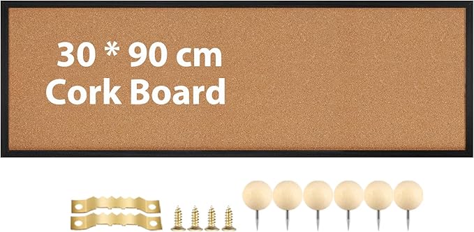 TORASO Cork Board Bulletin Board, Corkboard for Walls with Black Frame, Large Wall Mounted Cork Board with Installation Kit,11.8" x 35.4" Pin Tackboard for Home,Office, School (RMB-BK-3090)