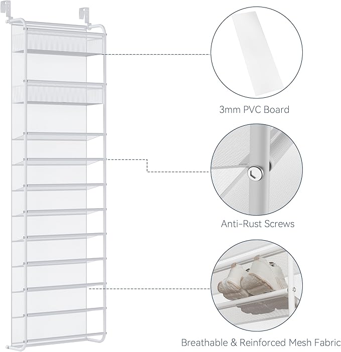 Whitmor 27 Pair Over The Door Shoe Organizer, 11 Tier Hanging Shoe Organizer, Heavy Duty Metal & Mesh Shoe Holder, Hanging Shoe Rack for Closet Organizer & Storage,74.8"L x 21.7"W x 7.5"H, White