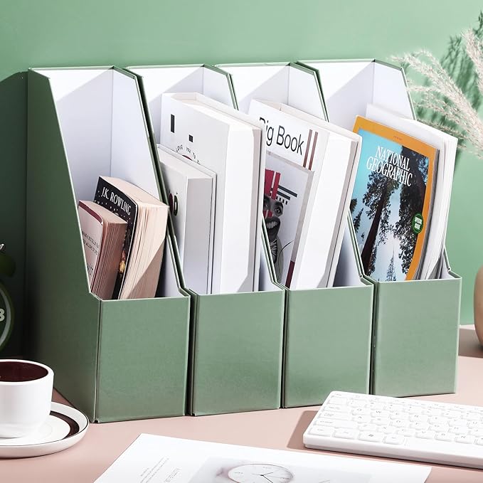 Feifeiya Magazine File Holder Set of 6 Stylish Sturdy Cardboard File Boxes Desk Organizer Beautiful Magazine Holder Rack with Gold Label Holder for Home Office Desktop Bookshelf Classroom(Sage Green)