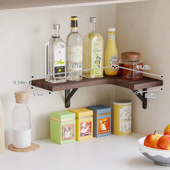 Fixwal Floating Shelves for Wall Set of 5, Rustic Wood Wall Mounted Corner Shelf for Bathroom, Kitchen, Bedroom, Home Decor, Laundry Room, Living Room (Walnut Brown)
