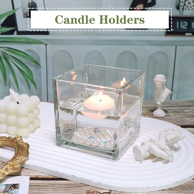 1 Pack Square Glass Vase 4" x 4" x 4", Clear Flower Vase for Centerpieces, Candle Holder for Wedding Party Events, Home Décor