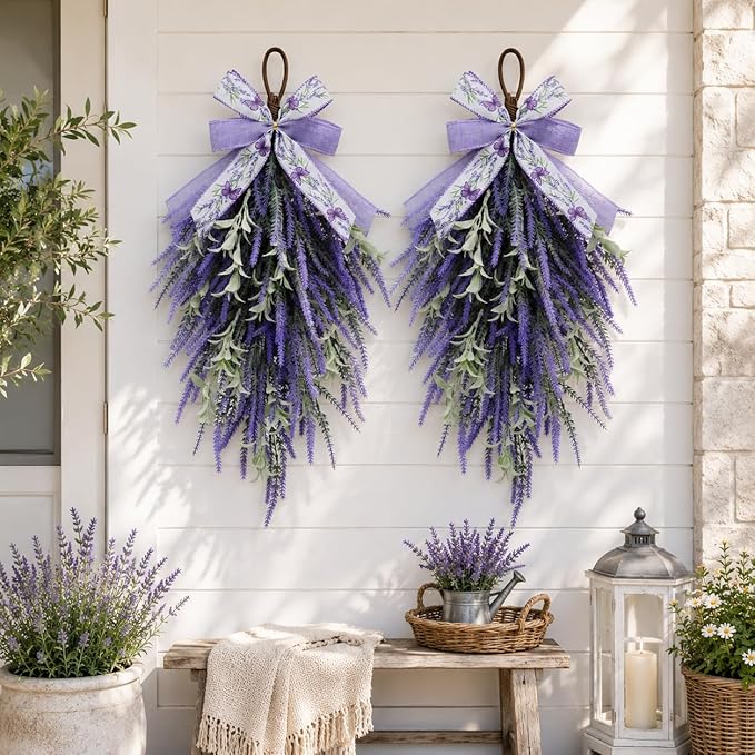 nuvagiki Lavender Teardrop Swag, 2 Pack 24 Inch Front Door Swag Wreaths, Spring Summer Rustic Farmhouse Door Decor, Purple Floral Hanging Swag for Porch