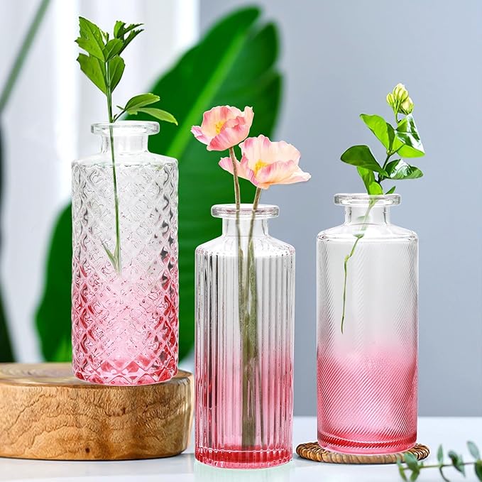 Brajttt Glass Bud Vase Set in Bulk, 9pcs Mini Vintage Flower Vases for Wedding,Pink Relief Vase for Centerpieces,Home Table Flower Decor, Party Decorations