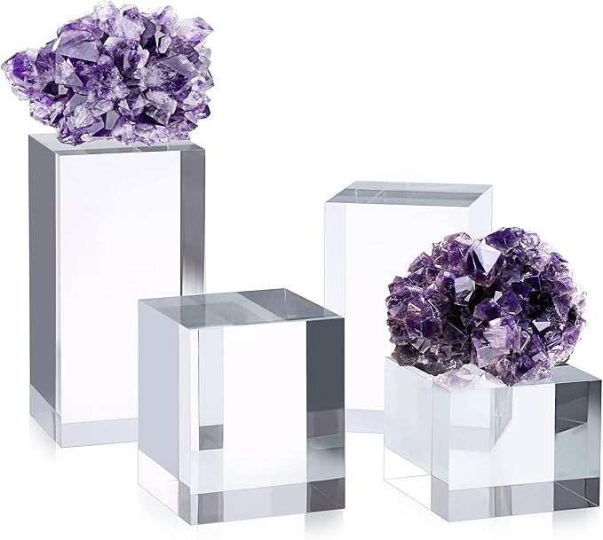 Hipiwe 4PCS Acrylic Display Risers Stand Clear Square Action Figures Collection Organizer Holder Collectibles Display Blocks Tabletop Jewelry Perfume Display Stand Photography Props