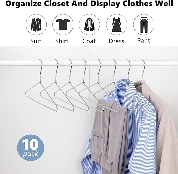 Amber Home 10 Pack Heavy Duty Metal Shirt Coat Hangers, Stainless Steel Clothes Hanger with Polished Chrome, 17 Inch Silver Metal Wire Hanger