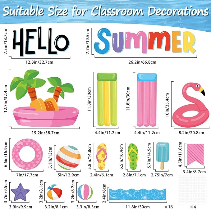 Justforjoyful Hello Summer Bulletin Board Decorations Summer Pool Classroom Bulletin Board Border Hawaiian Beach Paper Cutouts for Classroom Window Wall Home Office School Party Decor
