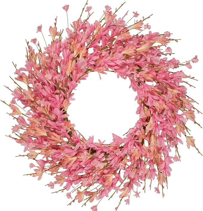 24 Inch Artificial Pink Forsythia Flower Wreath, Silk & Paper Floral Wreaths for Front Door, Romantic Valentine's Day & Spring Summer Decor, All Season Farmhouse Wedding Indoor Outdoor Decor