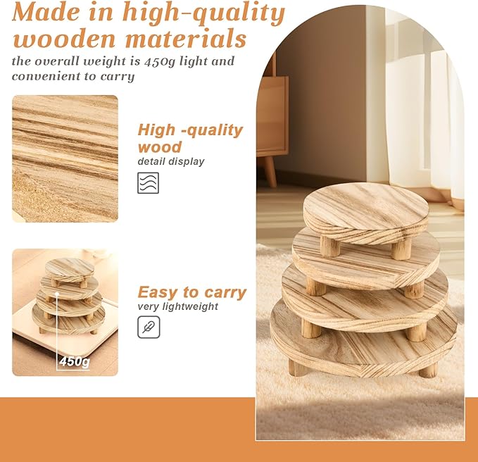 Mini Risers Display Stands, Wood Riser for Display, Wooden Riser Holder, Wood Risers for Decor is used for item display, 4 pcs display rack can display cakes, potted plants