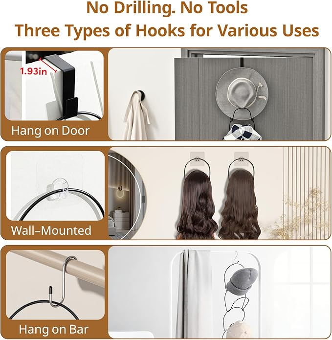 LINFIDITE 10 Pack Hat Rack Hanger Holder Organizer Closet Hanging Baseball Cap Display Storage Rack for Scarves Handbags Towels Clothes Ties Over Door Wall Mounted w Hanging Hook Black