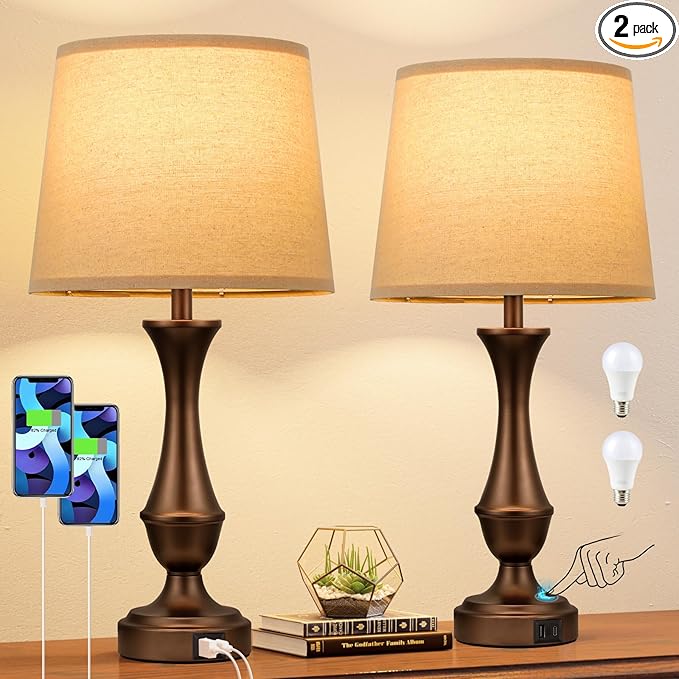 Seealle Touch Lamps for Nightstand, 3 Way Dimmable Table Lamp with USB C+A | bedside brown metal base for bedroom living room touch control LED bulb reading corded