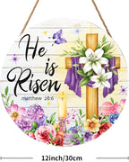 Harooni Easter Decorative Sign, 12x12in Modern Wooden Door Mount, Pastel, Bright, He is Risen, Twine, Rope